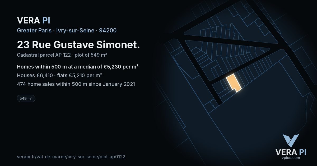 23 Rue Gustave Simonet, Ivry-sur-Seine at night – the plot lit, the parcels around coloured by the prices near them