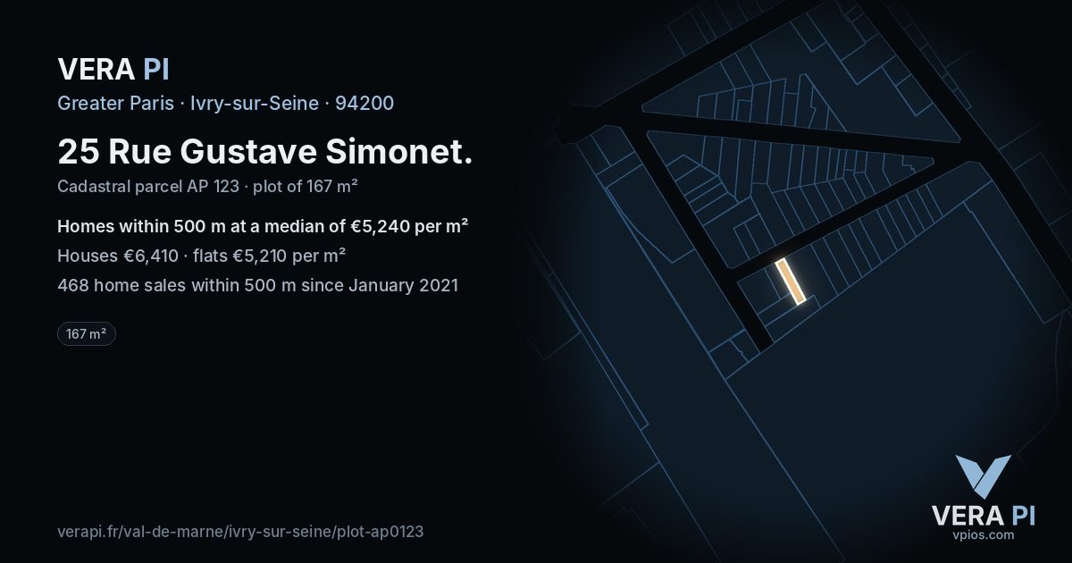 25 Rue Gustave Simonet, Ivry-sur-Seine at night – the plot lit, the parcels around coloured by the prices near them