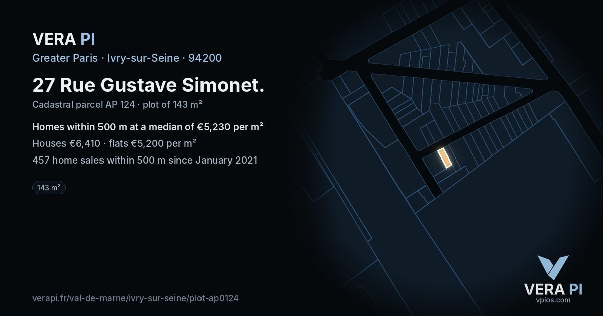 27 Rue Gustave Simonet, Ivry-sur-Seine at night – the plot lit, the parcels around coloured by the prices near them