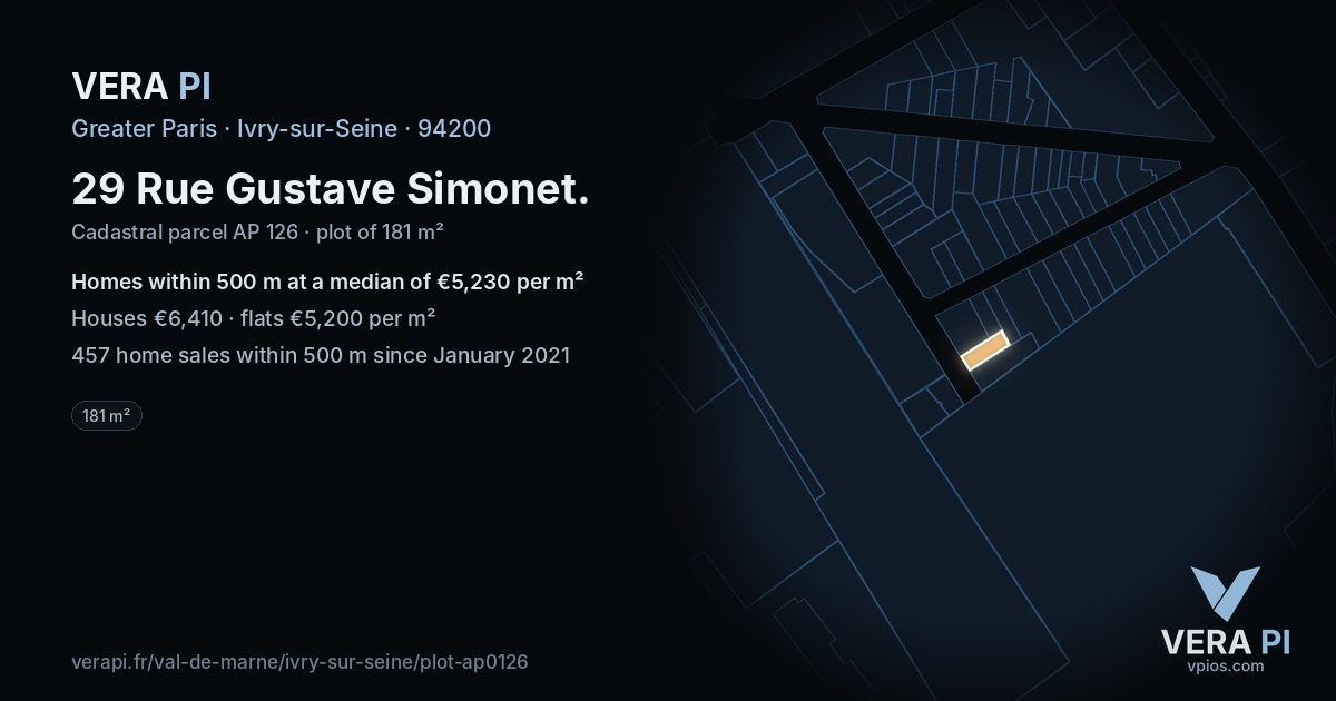 29 Rue Gustave Simonet, Ivry-sur-Seine at night – the plot lit, the parcels around coloured by the prices near them