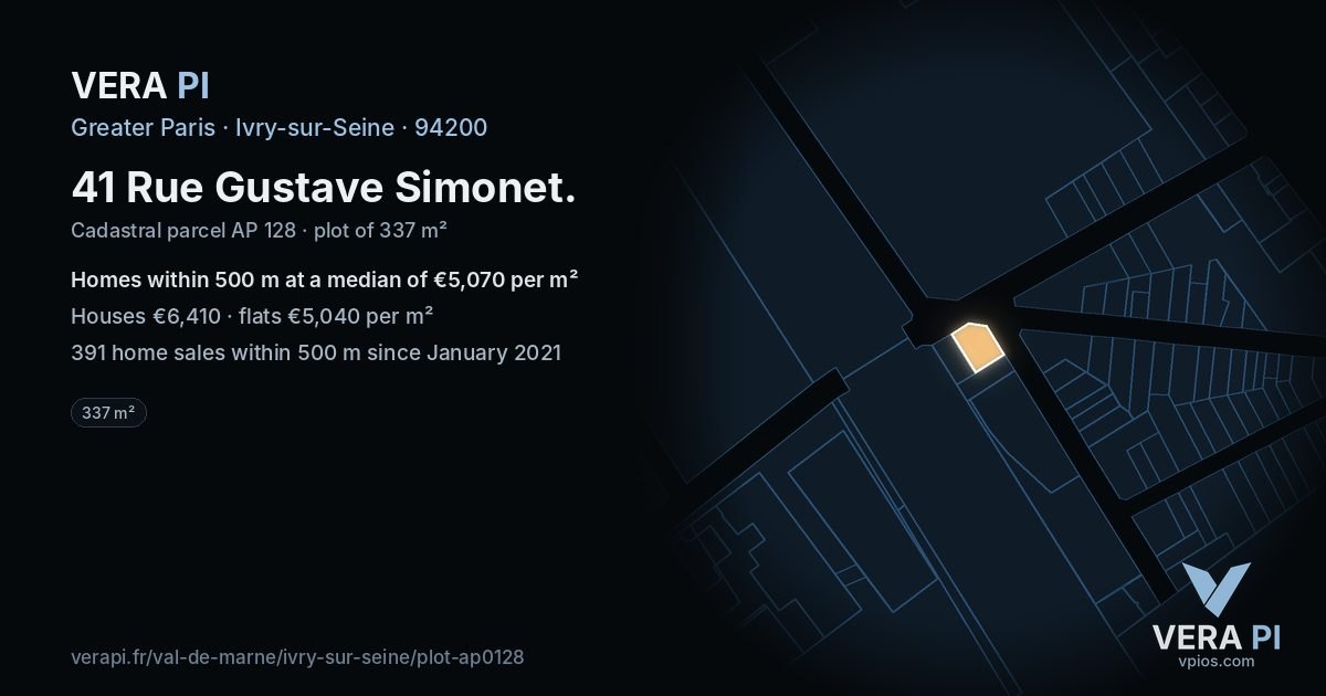 41 Rue Gustave Simonet, Ivry-sur-Seine at night – the plot lit, the parcels around coloured by the prices near them