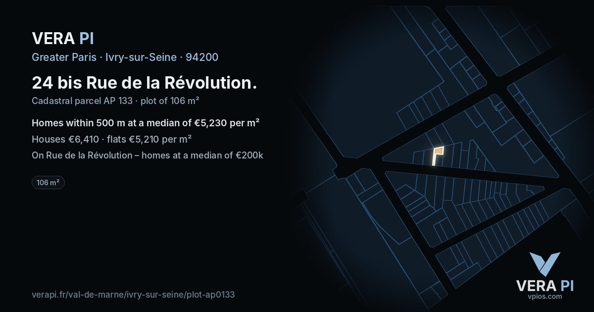 24 bis Rue de la Révolution, Ivry-sur-Seine at night – the plot lit, the parcels around coloured by the prices near them
