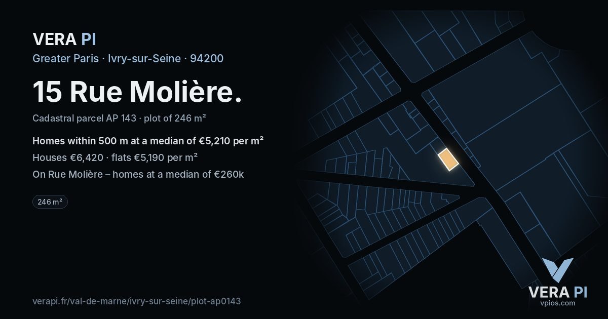 15 Rue Molière, Ivry-sur-Seine at night – the plot lit, the parcels around coloured by the prices near them