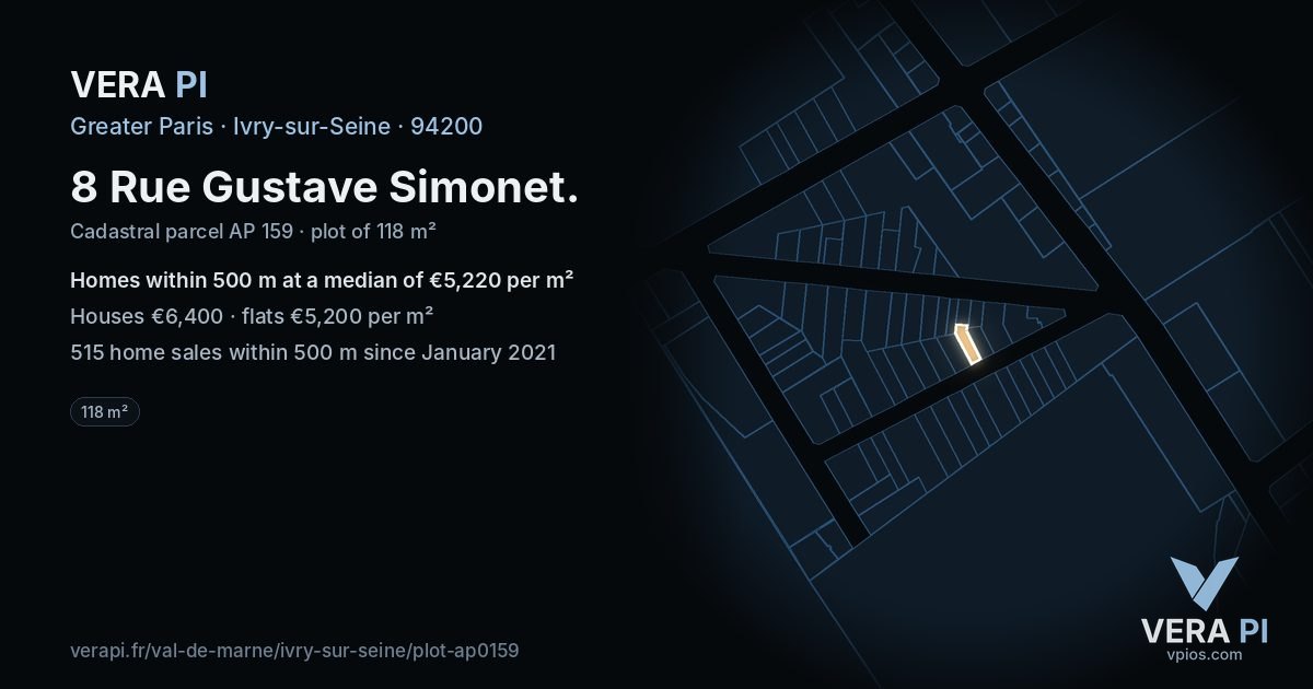 8 Rue Gustave Simonet, Ivry-sur-Seine at night – the plot lit, the parcels around coloured by the prices near them
