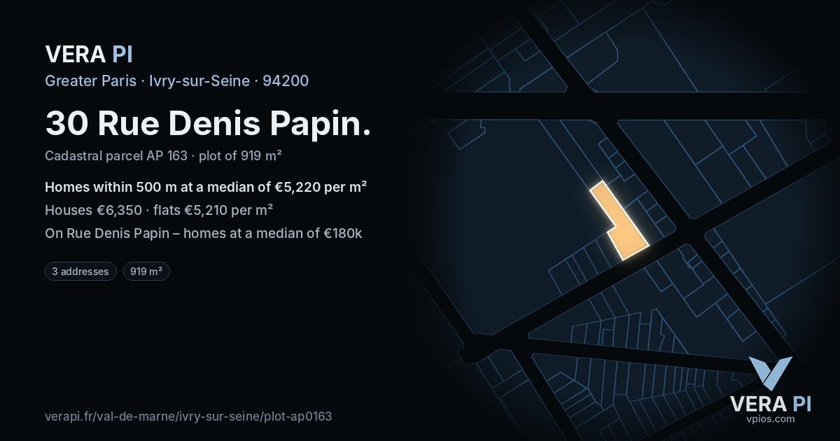 30 Rue Denis Papin, Ivry-sur-Seine at night – the plot lit, the parcels around coloured by the prices near them