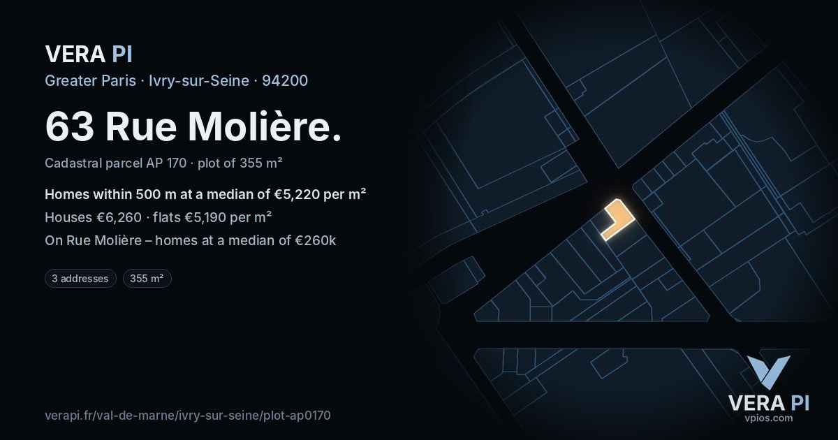 63 Rue Molière, Ivry-sur-Seine at night – the plot lit, the parcels around coloured by the prices near them