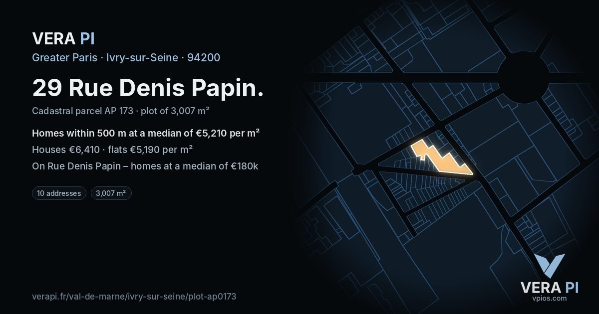 29 Rue Denis Papin, Ivry-sur-Seine at night – the plot lit, the parcels around coloured by the prices near them