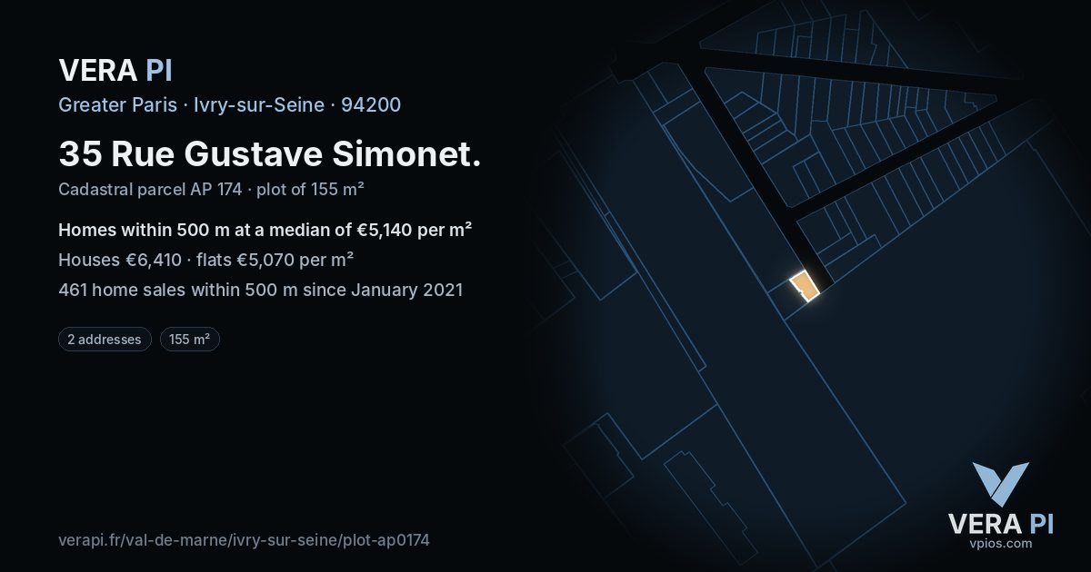 35 Rue Gustave Simonet, Ivry-sur-Seine at night – the plot lit, the parcels around coloured by the prices near them