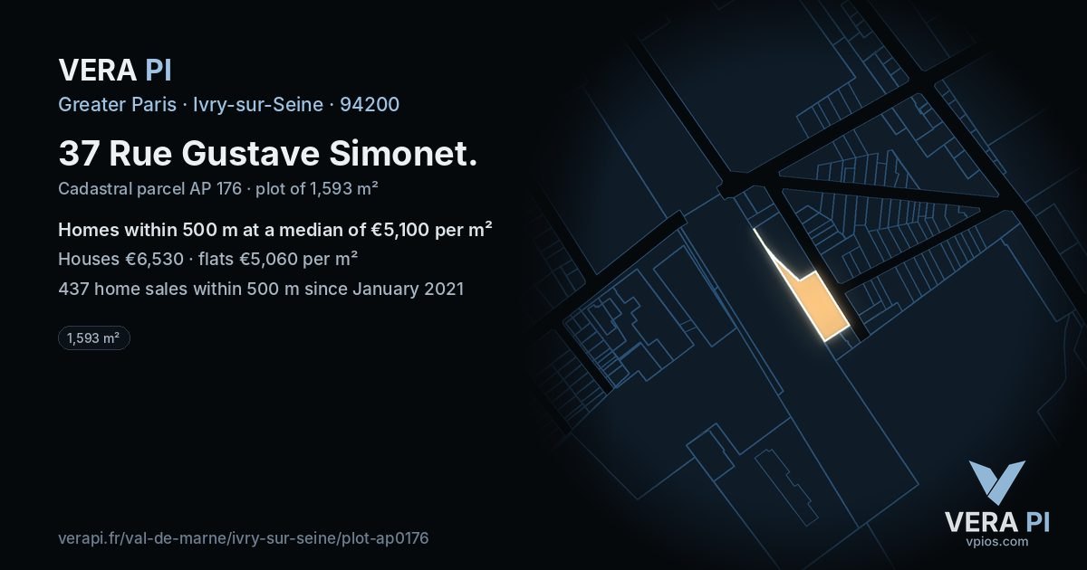37 Rue Gustave Simonet, Ivry-sur-Seine at night – the plot lit, the parcels around coloured by the prices near them