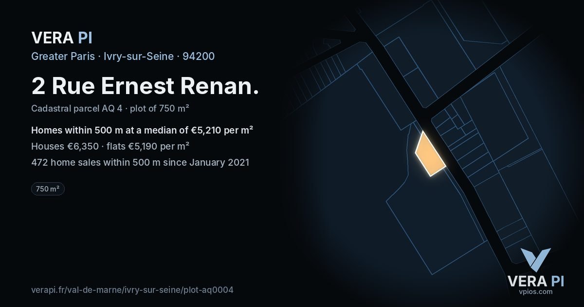 2 Rue Ernest Renan, Ivry-sur-Seine at night – the plot lit, the parcels around coloured by the prices near them