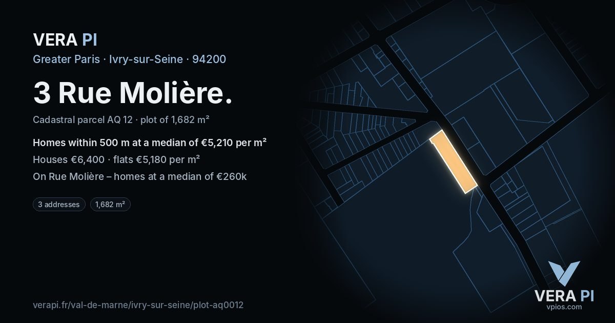 3 Rue Molière, Ivry-sur-Seine at night – the plot lit, the parcels around coloured by the prices near them