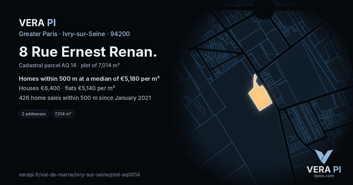 8 Rue Ernest Renan, Ivry-sur-Seine at night – the plot lit, the parcels around coloured by the prices near them