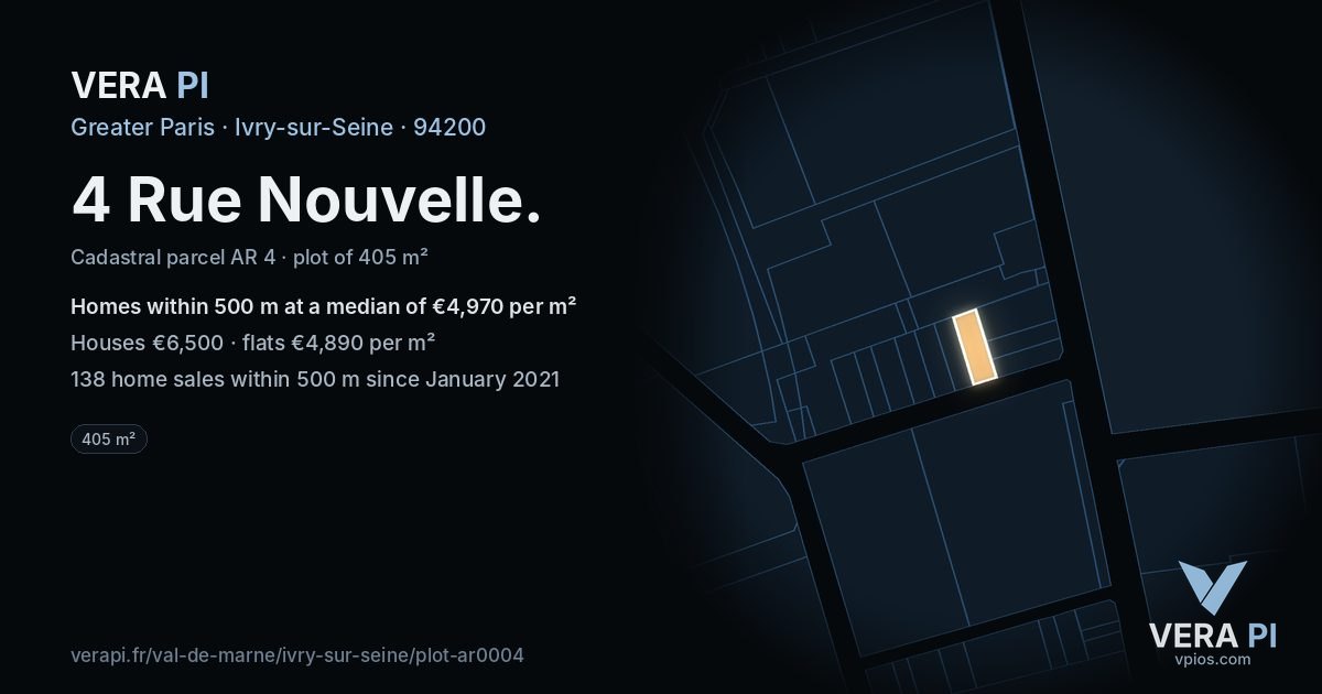 4 Rue Nouvelle, Ivry-sur-Seine at night – the plot lit, the parcels around coloured by the prices near them