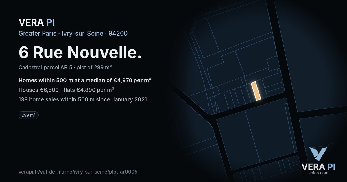 6 Rue Nouvelle, Ivry-sur-Seine at night – the plot lit, the parcels around coloured by the prices near them