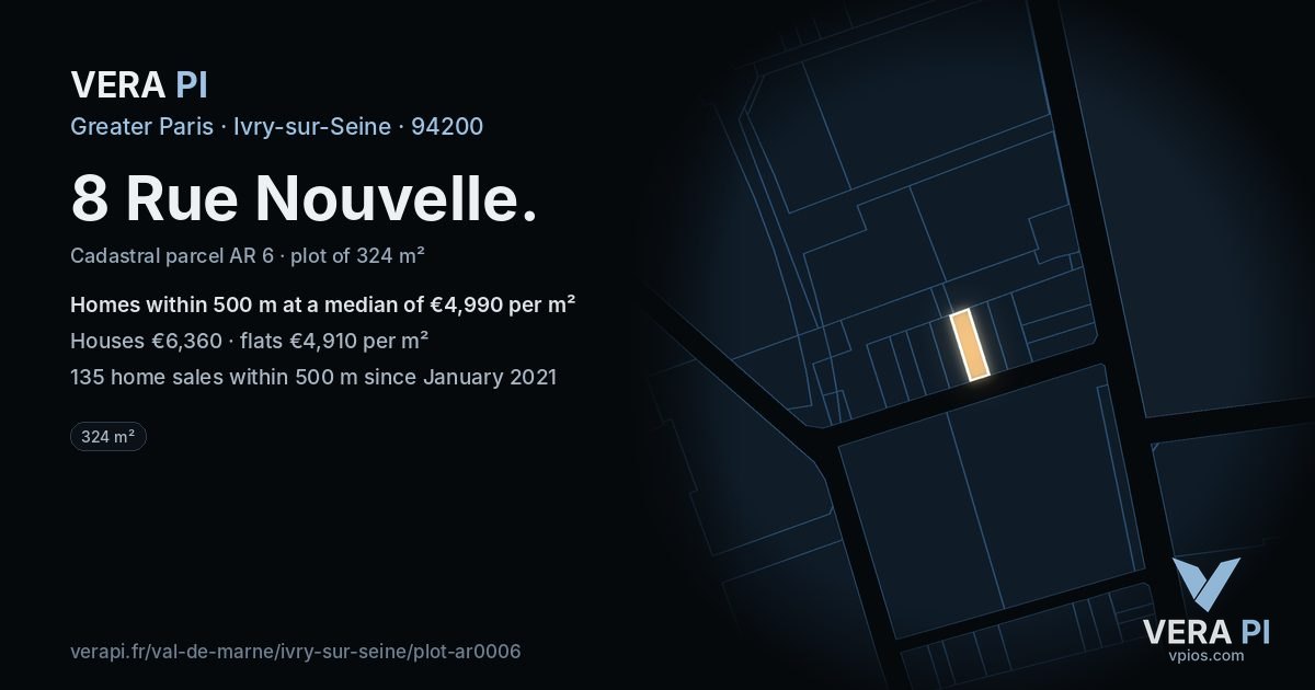 8 Rue Nouvelle, Ivry-sur-Seine at night – the plot lit, the parcels around coloured by the prices near them
