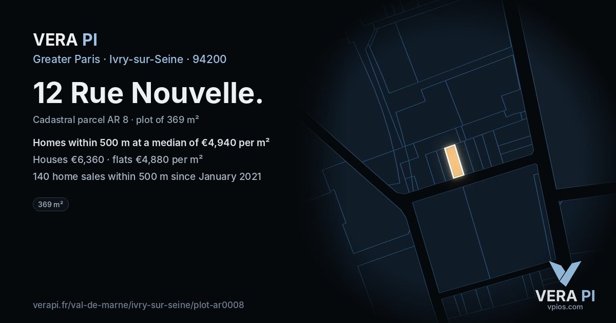 12 Rue Nouvelle, Ivry-sur-Seine at night – the plot lit, the parcels around coloured by the prices near them
