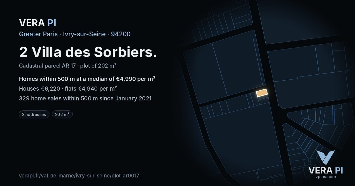 2 Villa des Sorbiers, Ivry-sur-Seine at night – the plot lit, the parcels around coloured by the prices near them
