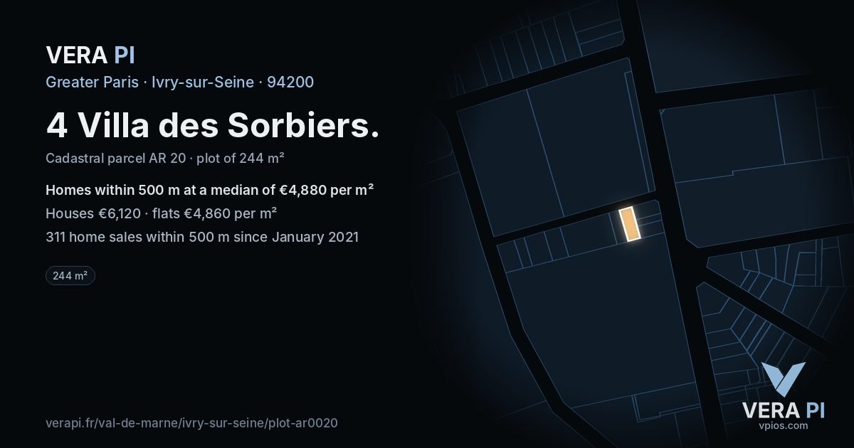 4 Villa des Sorbiers, Ivry-sur-Seine at night – the plot lit, the parcels around coloured by the prices near them