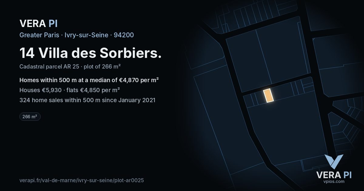 14 Villa des Sorbiers, Ivry-sur-Seine at night – the plot lit, the parcels around coloured by the prices near them