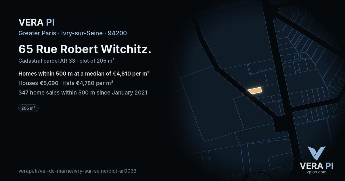 65 Rue Robert Witchitz, Ivry-sur-Seine at night – the plot lit, the parcels around coloured by the prices near them