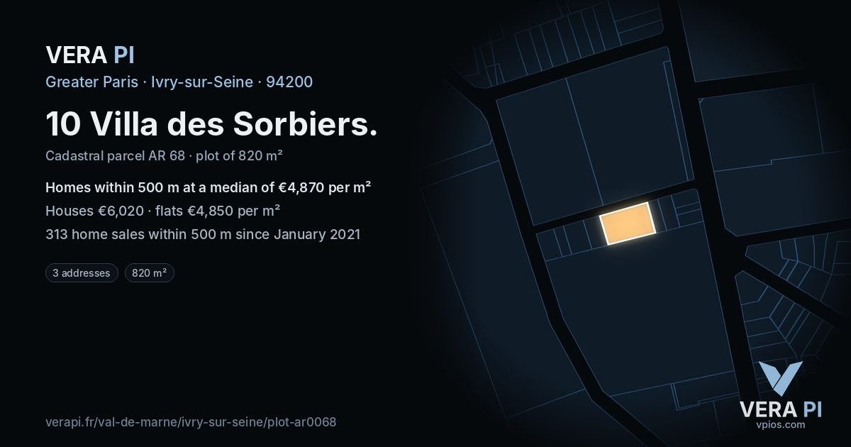 10 Villa des Sorbiers, Ivry-sur-Seine at night – the plot lit, the parcels around coloured by the prices near them