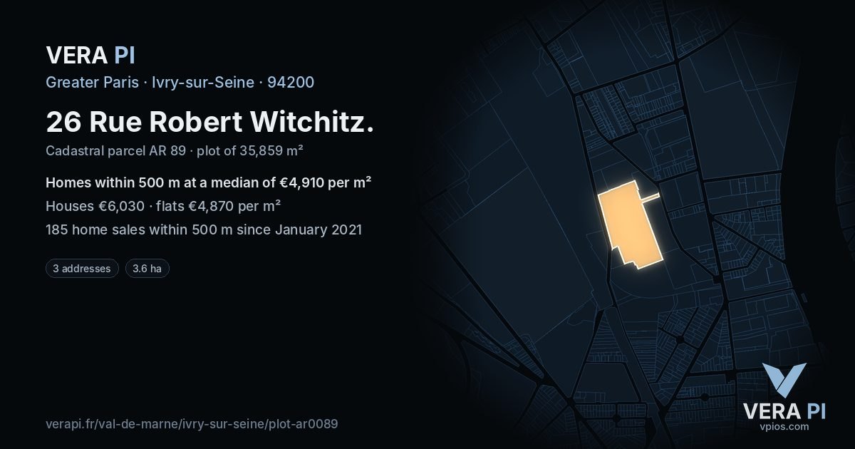 26 Rue Robert Witchitz, Ivry-sur-Seine at night – the plot lit, the parcels around coloured by the prices near them