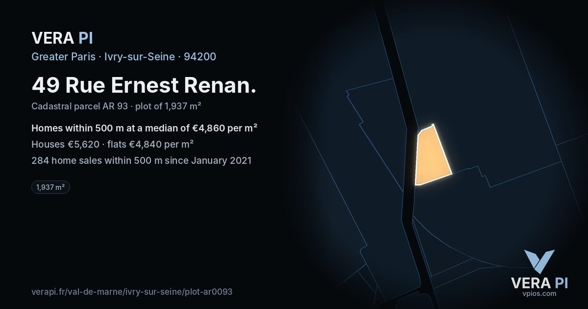 49 Rue Ernest Renan, Ivry-sur-Seine at night – the plot lit, the parcels around coloured by the prices near them