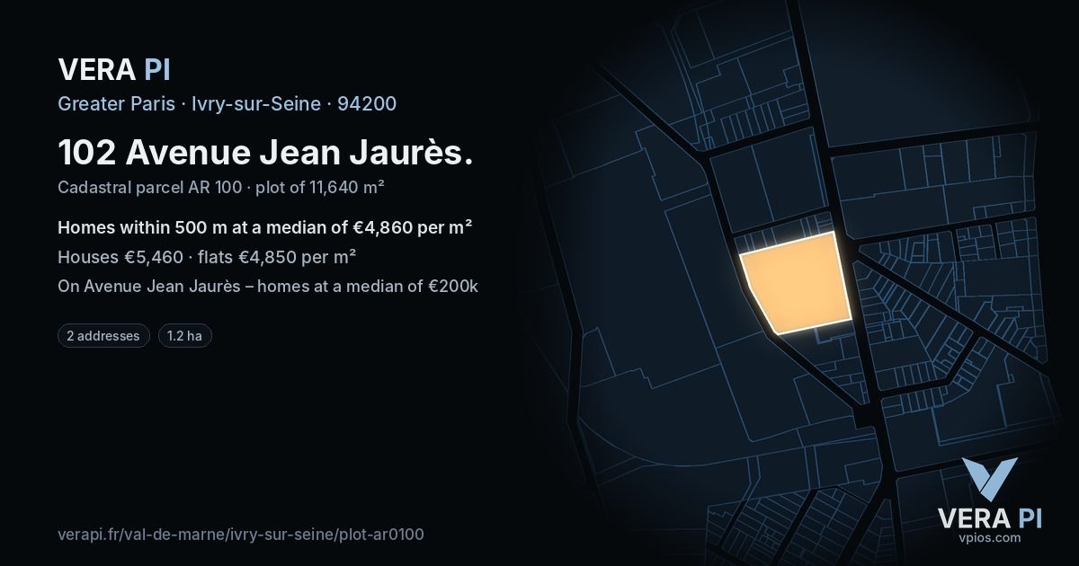 102 Avenue Jean Jaurès, Ivry-sur-Seine at night – the plot lit, the parcels around coloured by the prices near them