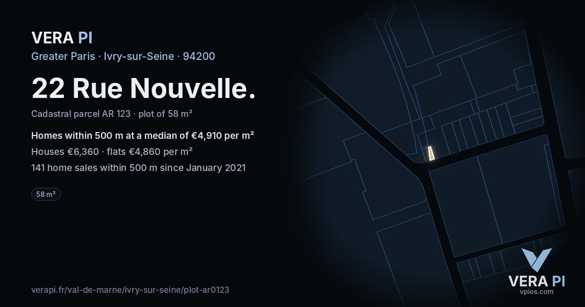 22 Rue Nouvelle, Ivry-sur-Seine at night – the plot lit, the parcels around coloured by the prices near them