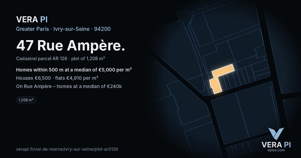 47 Rue Ampère, Ivry-sur-Seine at night – the plot lit, the parcels around coloured by the prices near them