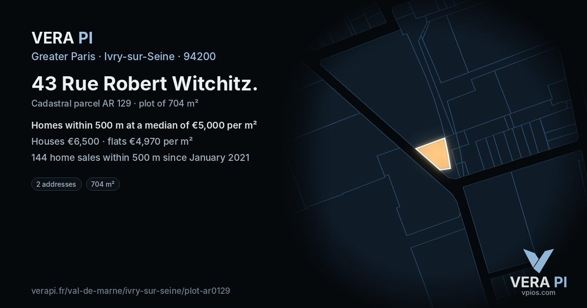 43 Rue Robert Witchitz, Ivry-sur-Seine at night – the plot lit, the parcels around coloured by the prices near them