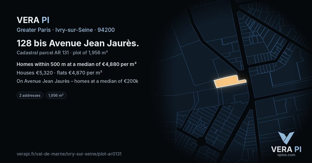 128 bis Avenue Jean Jaurès, Ivry-sur-Seine at night – the plot lit, the parcels around coloured by the prices near them