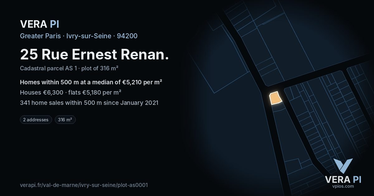 25 Rue Ernest Renan, Ivry-sur-Seine at night – the plot lit, the parcels around coloured by the prices near them