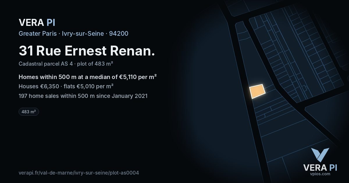 31 Rue Ernest Renan, Ivry-sur-Seine at night – the plot lit, the parcels around coloured by the prices near them