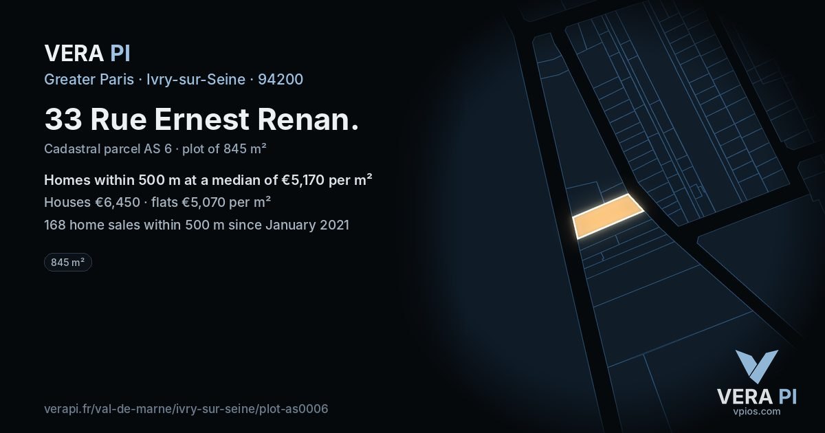 33 Rue Ernest Renan, Ivry-sur-Seine at night – the plot lit, the parcels around coloured by the prices near them