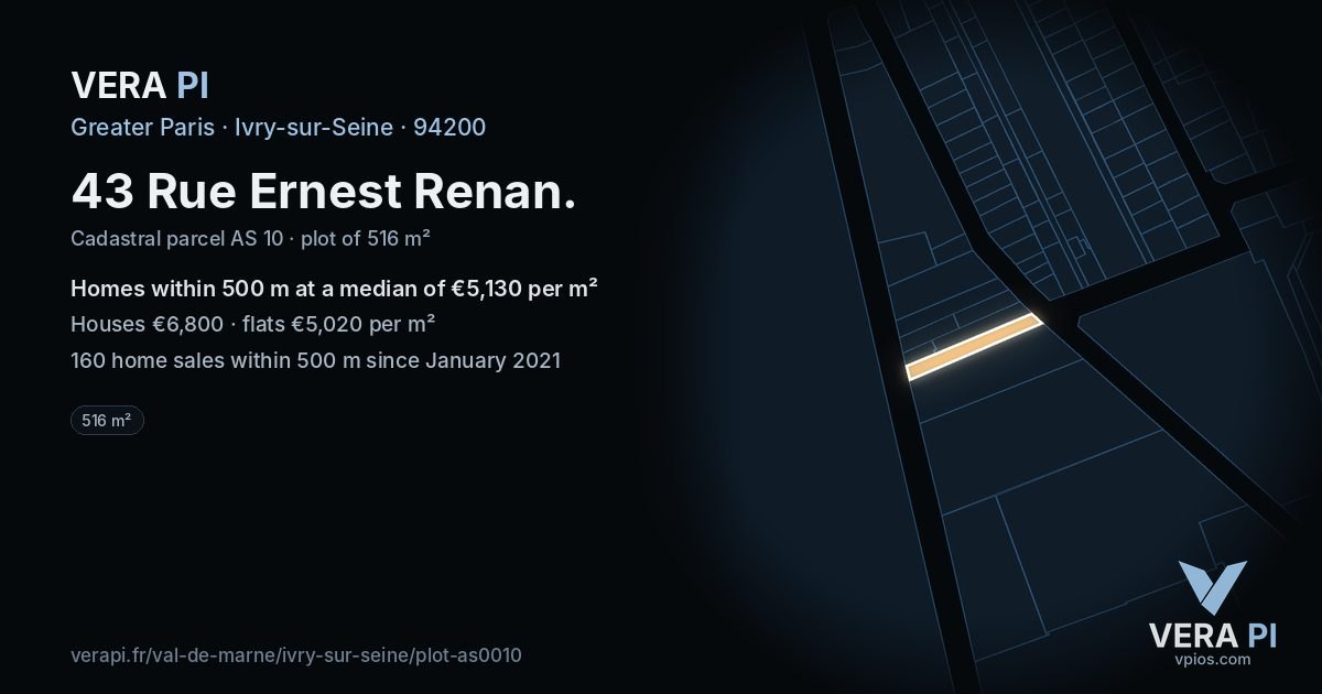 43 Rue Ernest Renan, Ivry-sur-Seine at night – the plot lit, the parcels around coloured by the prices near them