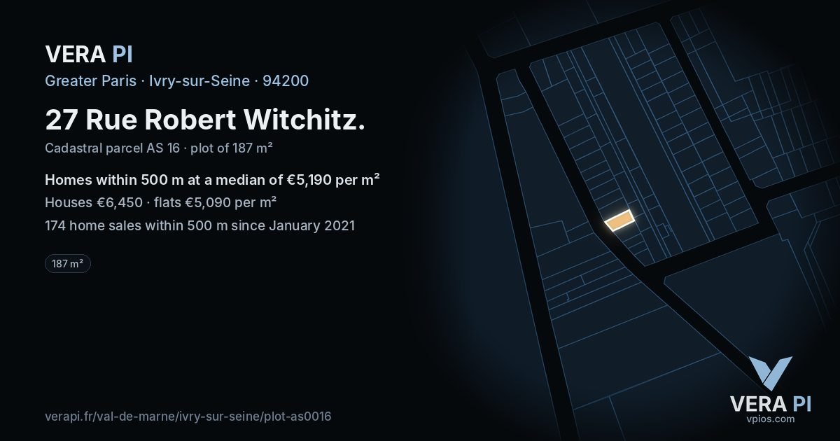 27 Rue Robert Witchitz, Ivry-sur-Seine at night – the plot lit, the parcels around coloured by the prices near them