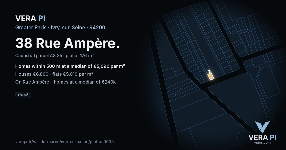 38 Rue Ampère, Ivry-sur-Seine at night – the plot lit, the parcels around coloured by the prices near them