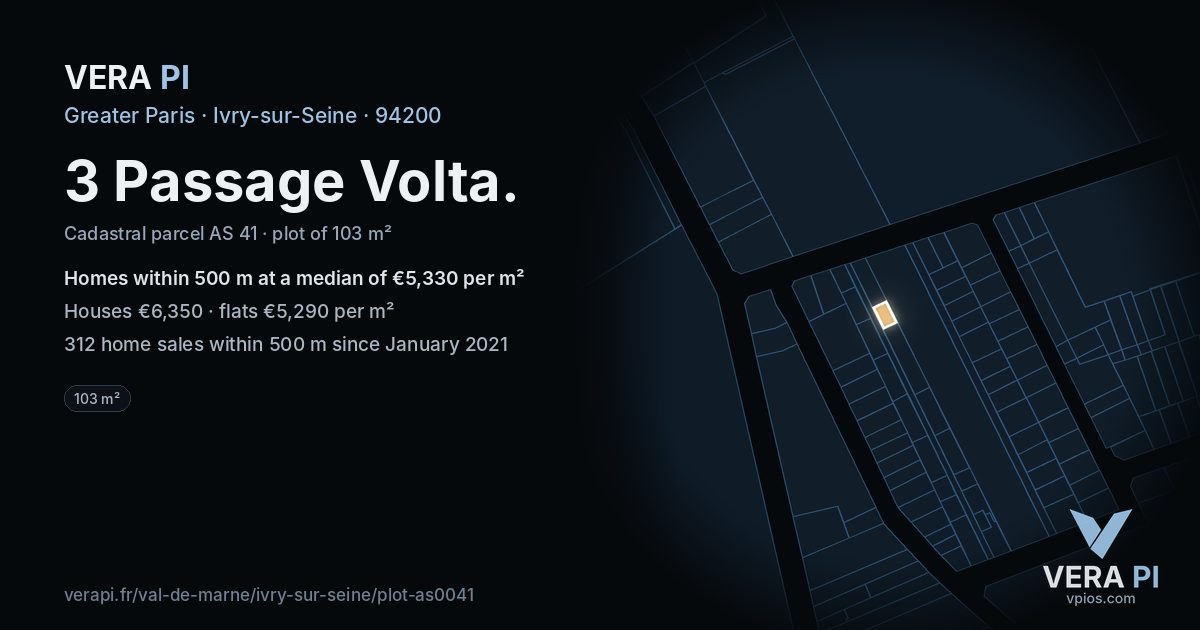 3 Passage Volta, Ivry-sur-Seine at night – the plot lit, the parcels around coloured by the prices near them