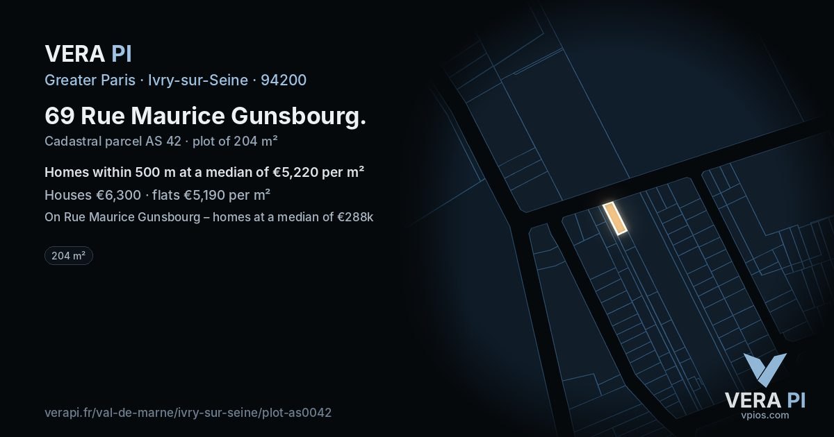 69 Rue Maurice Gunsbourg, Ivry-sur-Seine at night – the plot lit, the parcels around coloured by the prices near them