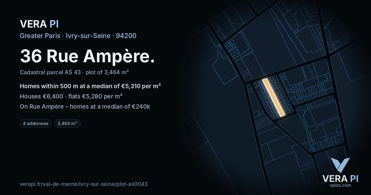 36 Rue Ampère, Ivry-sur-Seine at night – the plot lit, the parcels around coloured by the prices near them
