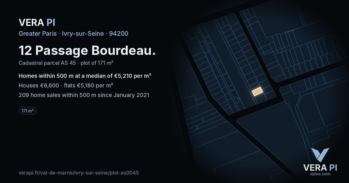 12 Passage Bourdeau, Ivry-sur-Seine at night – the plot lit, the parcels around coloured by the prices near them