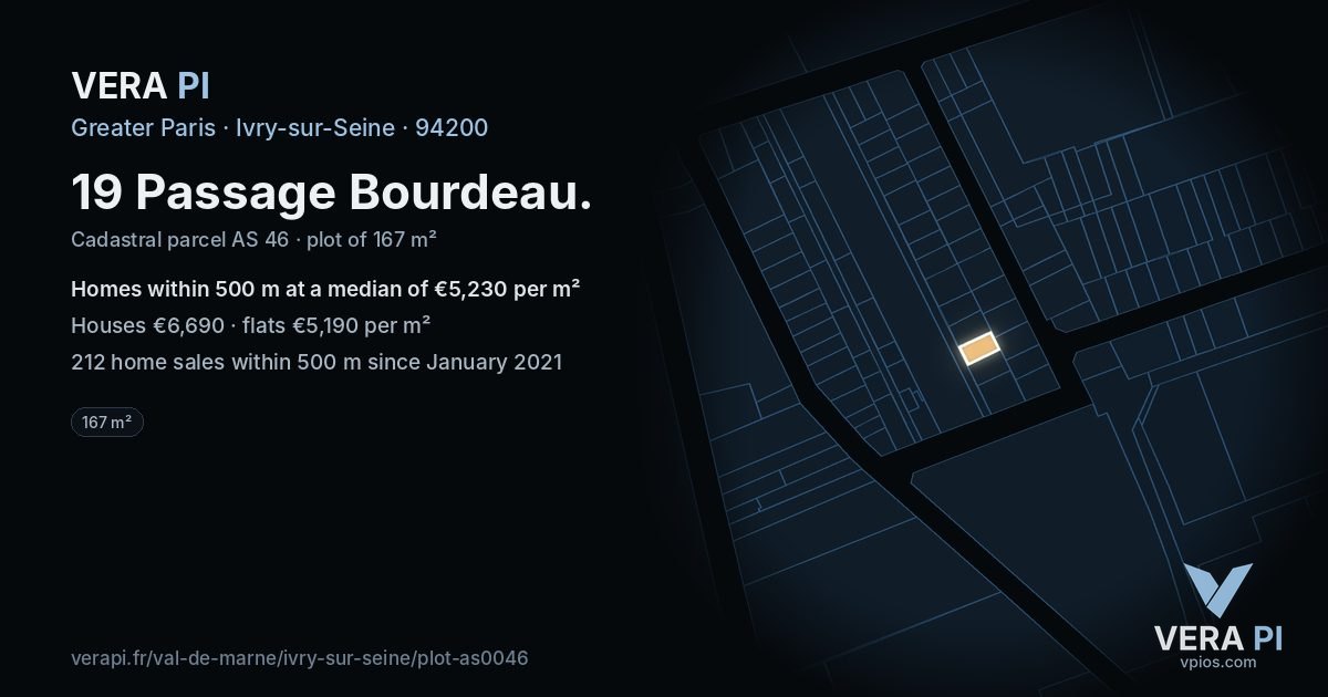 19 Passage Bourdeau, Ivry-sur-Seine at night – the plot lit, the parcels around coloured by the prices near them
