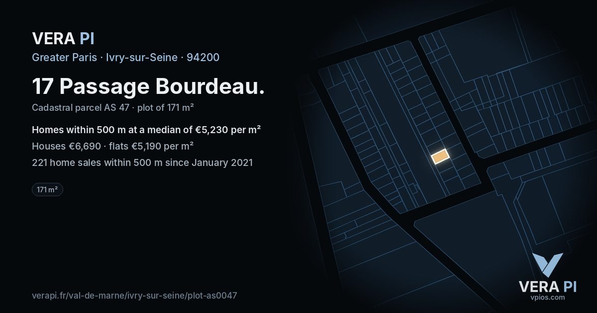 17 Passage Bourdeau, Ivry-sur-Seine at night – the plot lit, the parcels around coloured by the prices near them