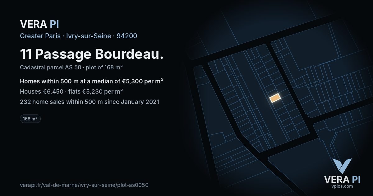 11 Passage Bourdeau, Ivry-sur-Seine at night – the plot lit, the parcels around coloured by the prices near them