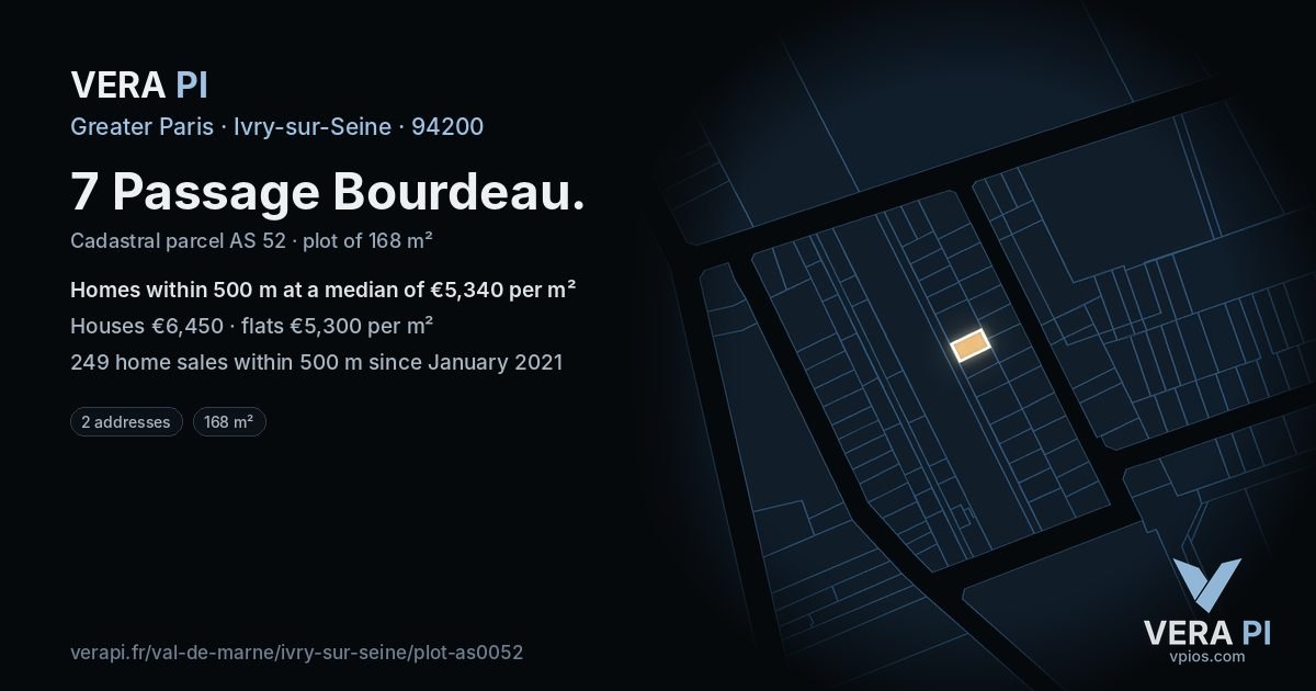 7 Passage Bourdeau, Ivry-sur-Seine at night – the plot lit, the parcels around coloured by the prices near them