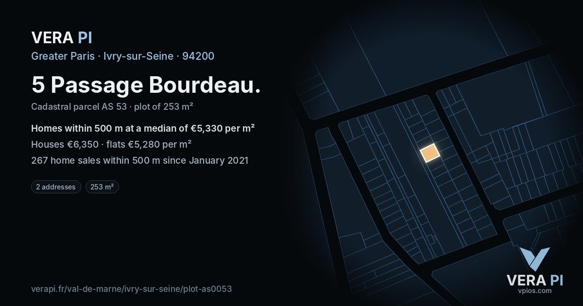 5 Passage Bourdeau, Ivry-sur-Seine at night – the plot lit, the parcels around coloured by the prices near them