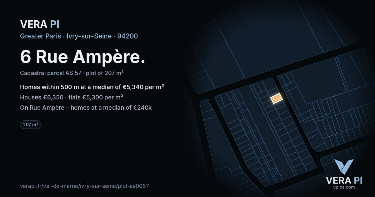 6 Rue Ampère, Ivry-sur-Seine at night – the plot lit, the parcels around coloured by the prices near them