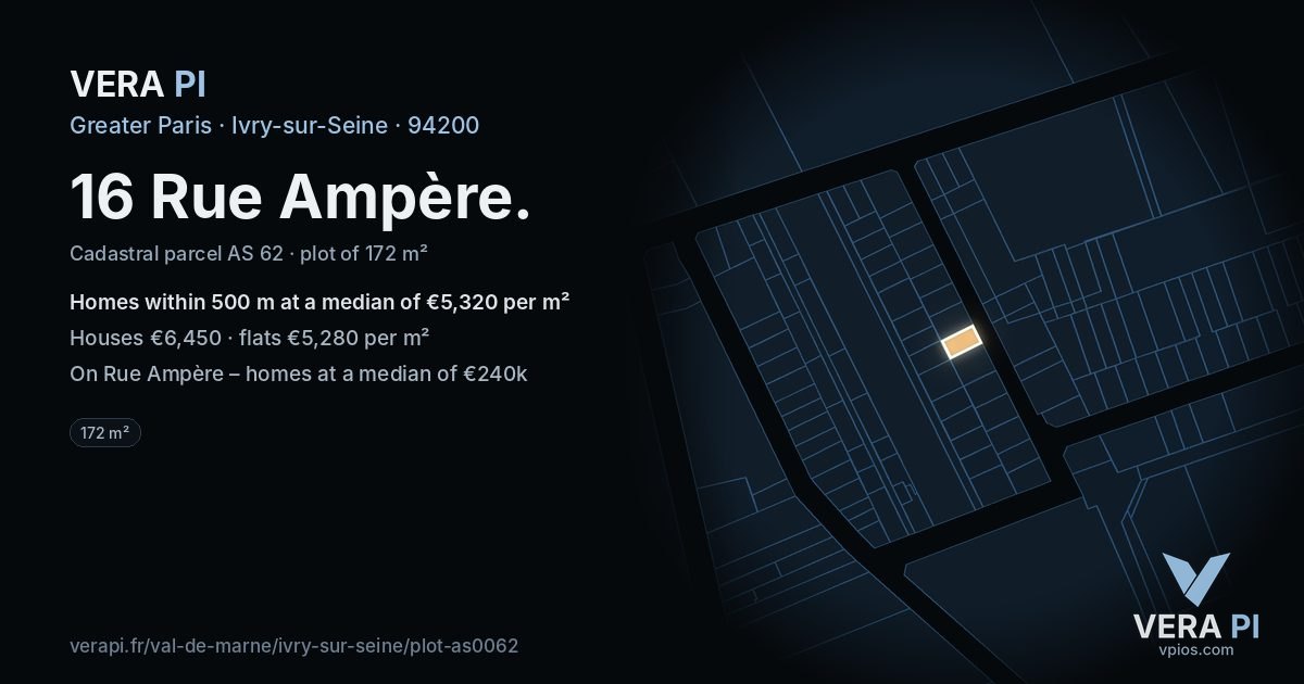 16 Rue Ampère, Ivry-sur-Seine at night – the plot lit, the parcels around coloured by the prices near them
