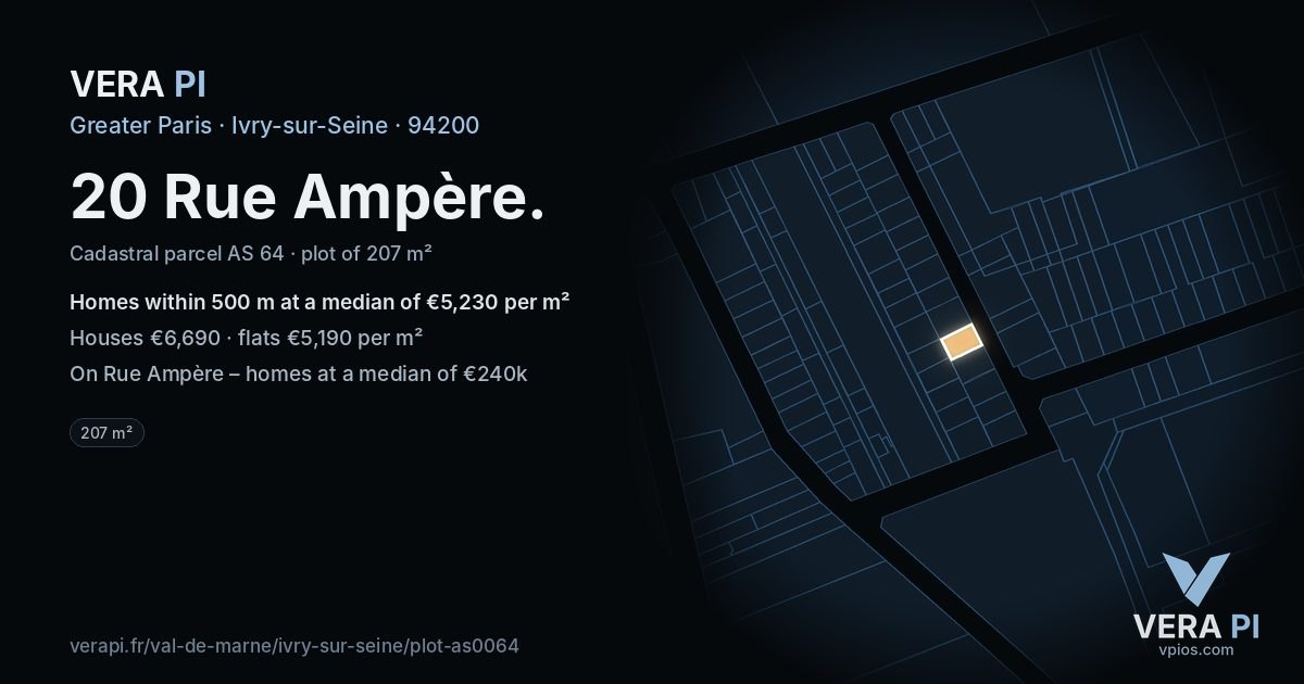 20 Rue Ampère, Ivry-sur-Seine at night – the plot lit, the parcels around coloured by the prices near them